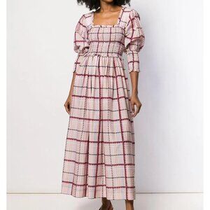 Ganni Smocked Plaid Midi Dress Size 38